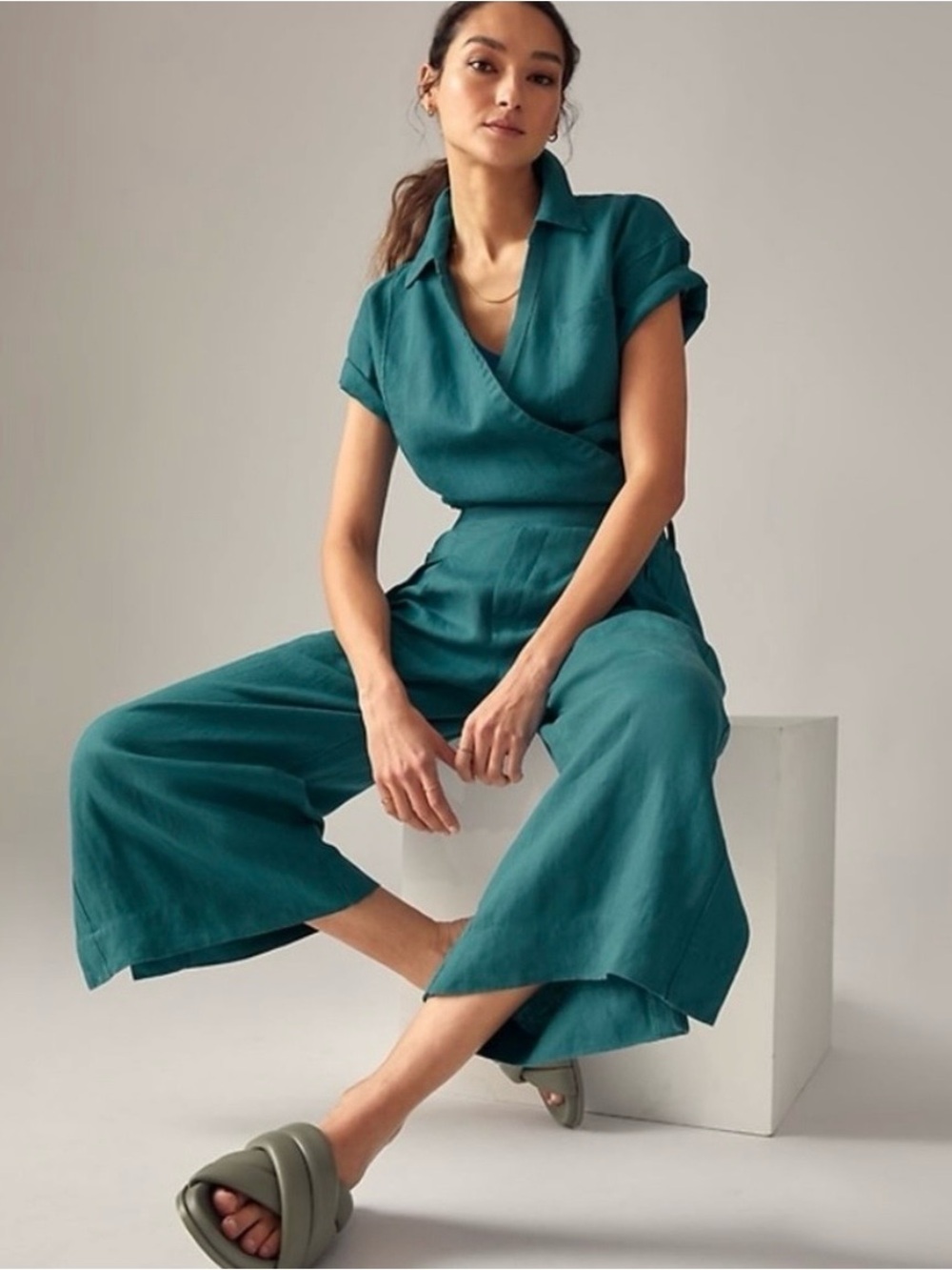 Athleta playa linen set in borealis green pants size 2 top  size xs